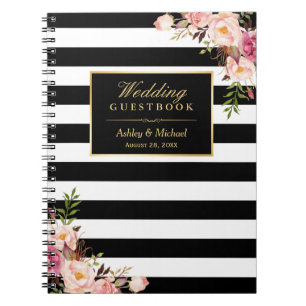 Caderno Espiral O branco preto listra o Guestbook floral do