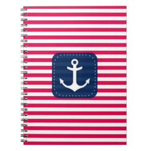 Caderno Espiral O branco vermelho náutico listra a âncora da