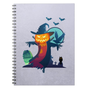 Caderno Espiral O Halloween Assombrou O Espantalho Com Morcegos E 