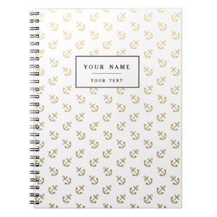 Caderno Espiral O ouro ancora o teste padrão branco do fundo