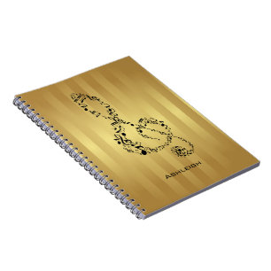 Caderno Espiral O ouro listra notas pretas da música do Clef de