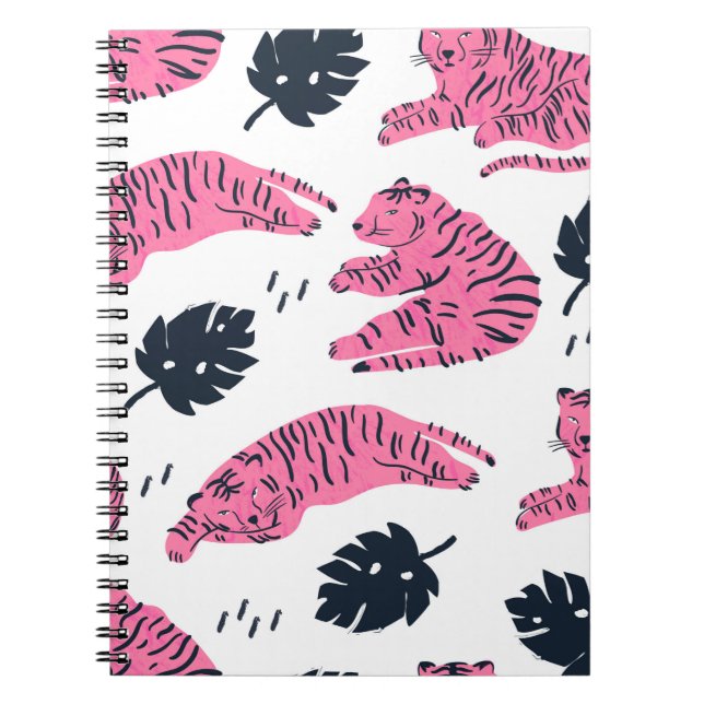 Caderno Espiral O tigre rosa está em várias posições. Lea tropical (Frente)