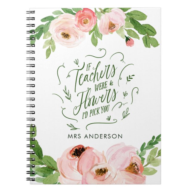 Caderno Espiral Obrigado floral cor-de-rosa, presente para o profe (Frente)