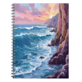 Caderno Espiral Ocean’s Breath | Rocky Sea Sunset Coast Watercolor