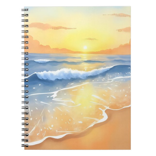 Caderno Espiral Ocean Waves Sunset | Beach Watercolor (Frente)