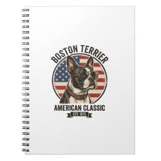 Caderno Espiral Óculos de sol com bandeira americana do cão clássi