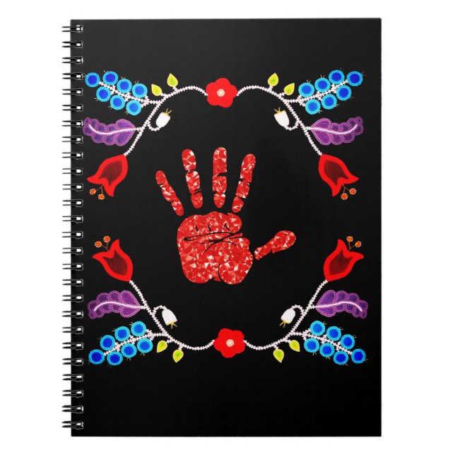 Caderno Espiral Ojibwe Floral Motif MMIW Preto (Frente)