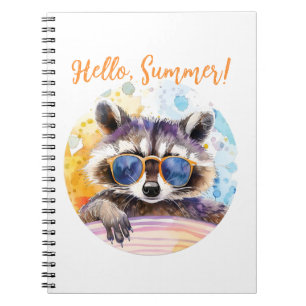 Caderno Espiral Olá Summer Raccoon em óculos de sol Watercolor