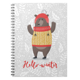Caderno Espiral Olá Winter Season Saudando Urso de Ilustração
