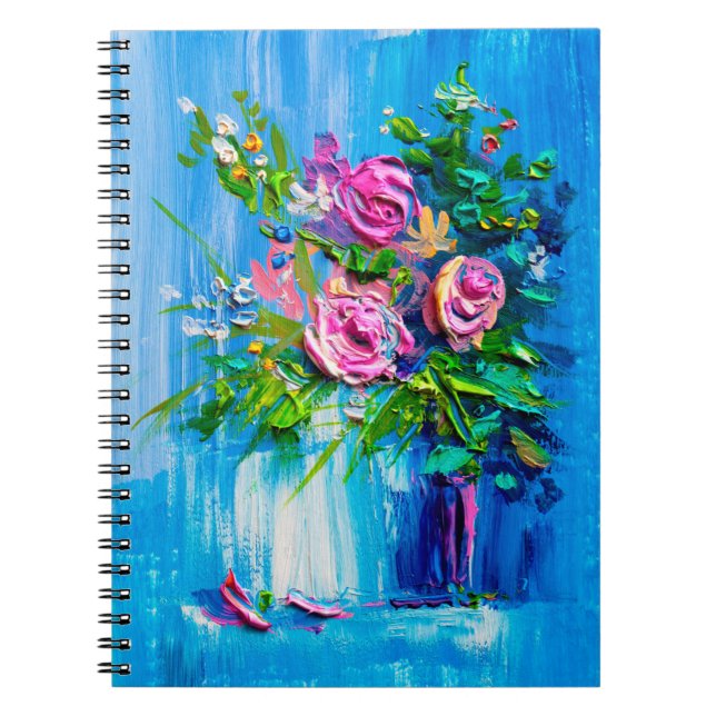 Caderno Espiral Óleo pintando um buquê de rosas. Impressionista em (Frente)