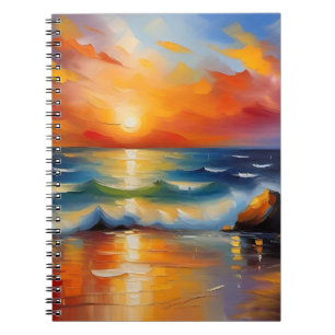 Caderno Espiral Óleo Pintura do pôr do sol laranja sobre o oceano