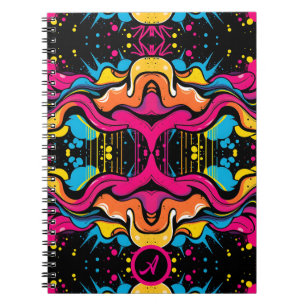 Caderno Espiral Onda Neon Psicodélica Padrão Sem Costura