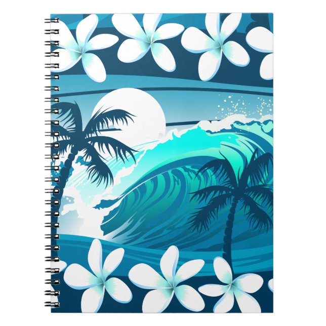 Caderno Espiral Onda tropical de surf com palmeiras (Frente)