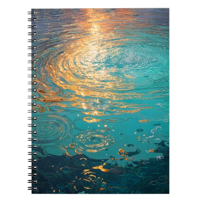 Caderno Espiral Ondas Abstratas de Água com Luz Solar Dourada (Frente)