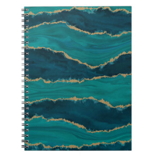 Caderno Espiral Ondas de Ágata Teal – Mármore Abstrato com Dourado