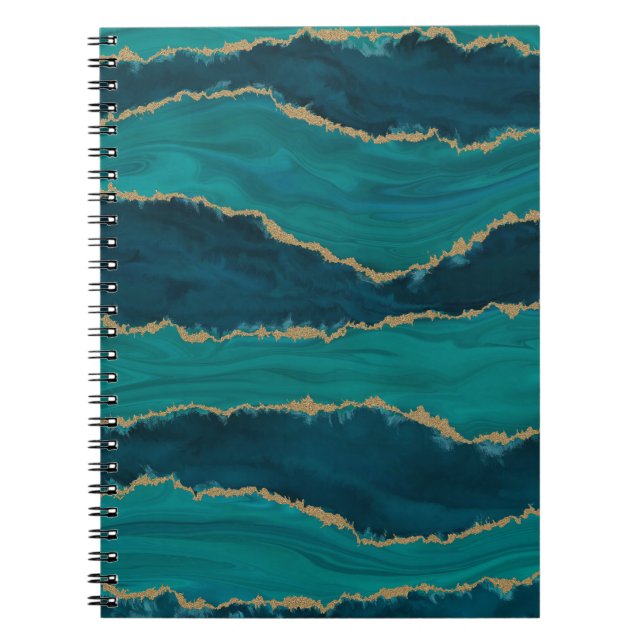 Caderno Espiral Ondas de Ágata Teal – Mármore Abstrato com Dourado (Frente)