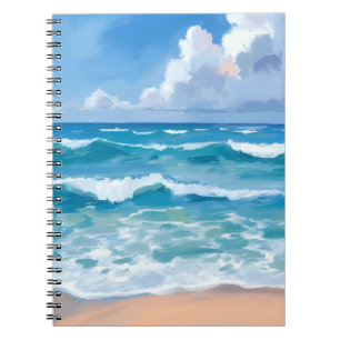 Caderno Espiral Ondas do Oceano Azul   Aquarela do Mar da Praia