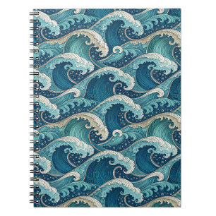 Caderno Espiral Ondas do Oceano Azul Padrão de Design de Verão Tro