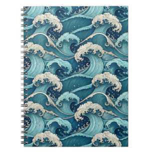 Caderno Espiral Ondas do Oceano Azul Padrão Tropical Japonês de Ve