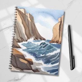 Caderno Espiral Ondas do Oceano Batendo | Aquarela de Praia Costei