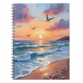 Caderno Espiral Ondas do Oceano Pôr do Sol | Pintura a Óleo Praia 