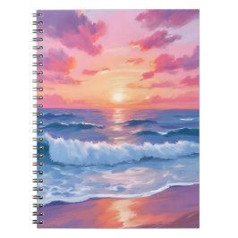 Caderno Espiral Ondas do Oceano Rosa Pôr do Sol Aquarela