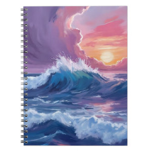Caderno Espiral Ondas do Oceano Roxo Pôr do Sol Pintura em Aquarel