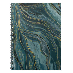 Caderno Espiral Ondas Douradas de Abstrato de Aquarela Azul Teal