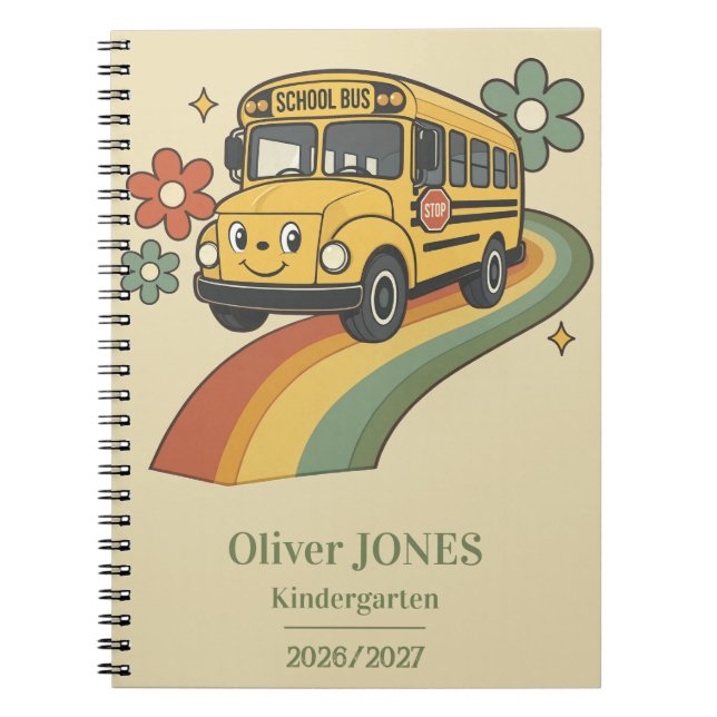 Caderno Espiral Ônibus Escolar Retrô Arco-Íris Jardim de Infância (Frente)