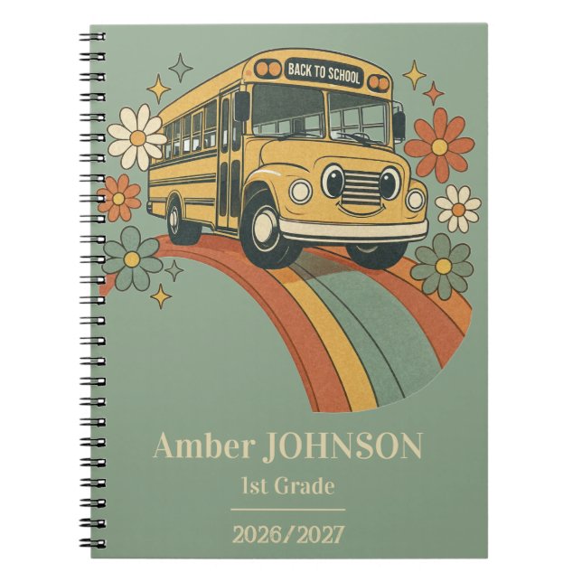 Caderno Espiral Ônibus Escolar Retro Arco-íris Volta às Aulas 1ª s (Frente)