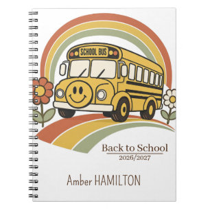 Caderno Espiral Ônibus Escolar Retro Arco-íris Volta às Aulas Nome