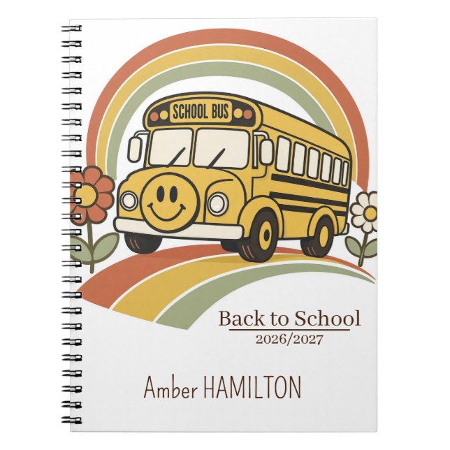 Caderno Espiral Ônibus Escolar Retro Arco-íris Volta às Aulas Nome (Frente)