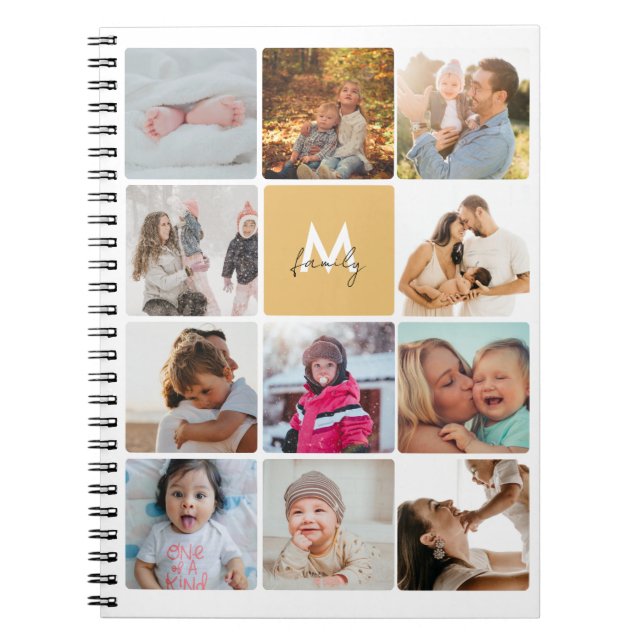 Caderno Espiral Onze Colagem de Fotos Monograma Simples Família (Frente)