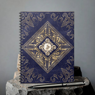 Caderno Espiral Opulência Azul e Dourada   Emblema de Ornamentado