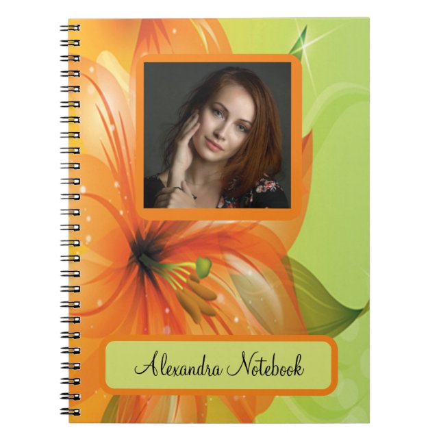 Caderno Espiral Orange Abstrato Fantasy Flower Photo Monograma (Frente)