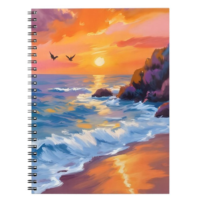 Caderno Espiral Orange Beach Sunset | Coastal Painting (Frente)