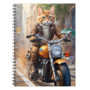Caderno Espiral Orange Tabby Cat Out for a Motorcycle Ride