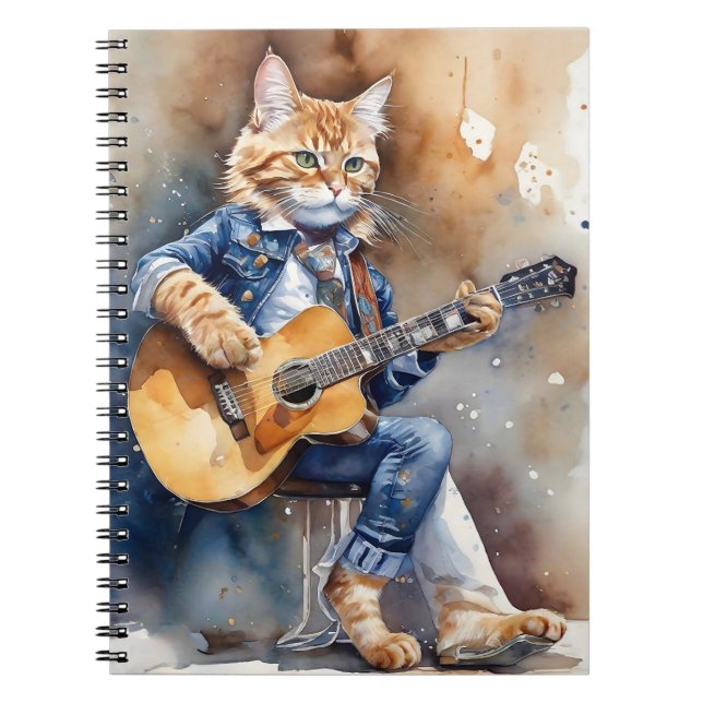 Caderno Espiral Orange Tabby Cat Rock Star Tocando Violão Acústico (Frente)