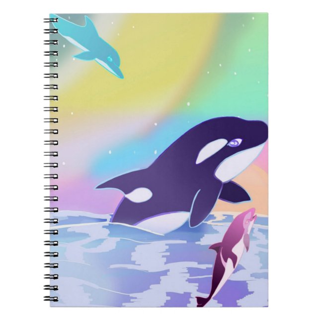 Caderno Espiral Orca Arco-íris e Golfinhos DCLHeart Volta às aulas (Frente)
