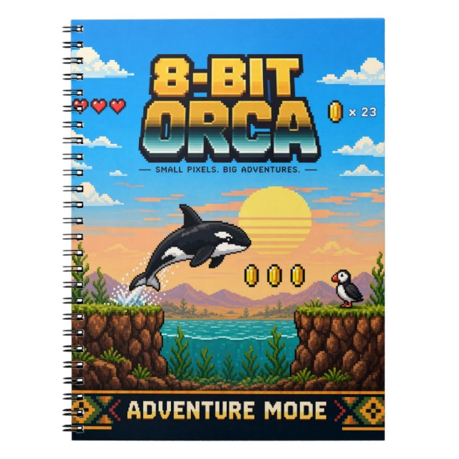 Caderno Espiral Orca, Arte Pixel Retro de 8 Bits (Frente)