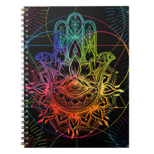 Caderno Espiral Ornamentado hamsa: padrão de neon desenhado à mão.