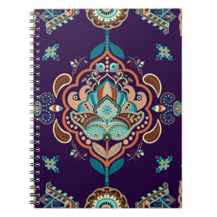 Caderno Espiral Ornamento Colorido Indiano, Fronteira Geométrica.