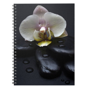 Caderno Espiral Orquídea Branca em Pedras Negras