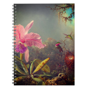 Caderno Espiral Orquídea de Cattleya e três beija-flores