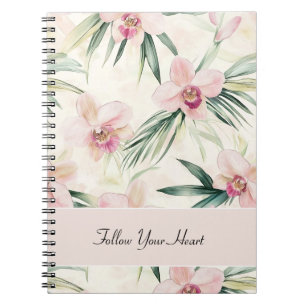 Caderno Espiral Orquídea Flores Coração Rosa Bege Verde