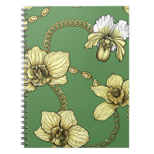Caderno Espiral Orquídeas e correntes, amarelas e verdes-kelly