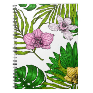 Caderno Espiral Orquídeas e palmeiras, cor-de-rosa, amarela, verde
