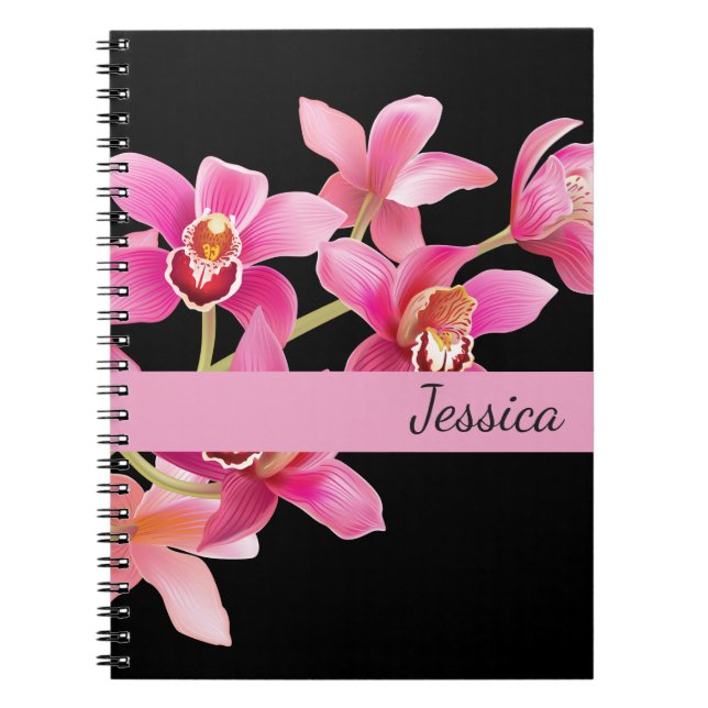 Caderno Espiral Orquídeas Rosa-Notebook de Nome Personalizado (Frente)