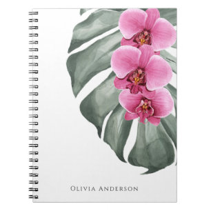 Caderno Espiral Orquídeas Rosa Quente, Aquarela Tropical Floral