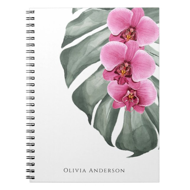 Caderno Espiral Orquídeas Rosa Quente Floral Tropical Aquarela (Frente)